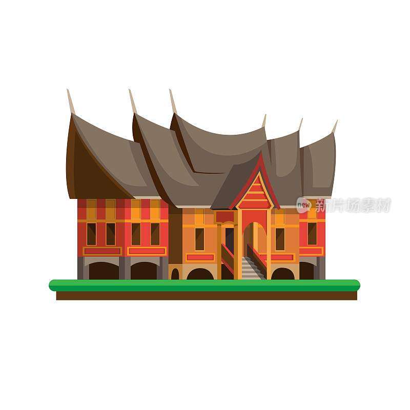 Rumah Gadang是米南卡保人的房子，是印度尼西亚西苏门答腊岛的传统房子。概念在卡通平面插图矢量上的白色背景